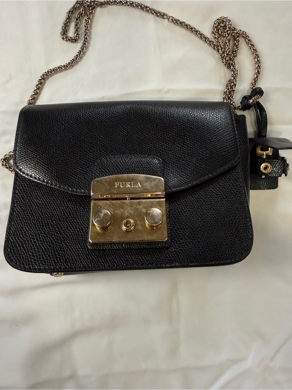 Furla Black Pebbled Leather Shoulder Bag with Gold Hardware